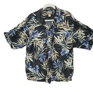 Original Island Sport Men's Large XL Hawaiian Shirt Tropical Floral Linen Blend